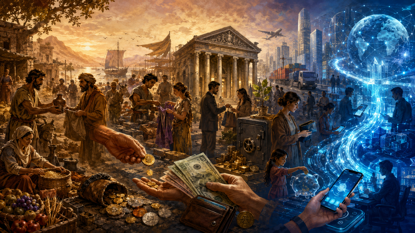 Understand the definition of money, its functions, types, history, and role in developed English-speaking economies.